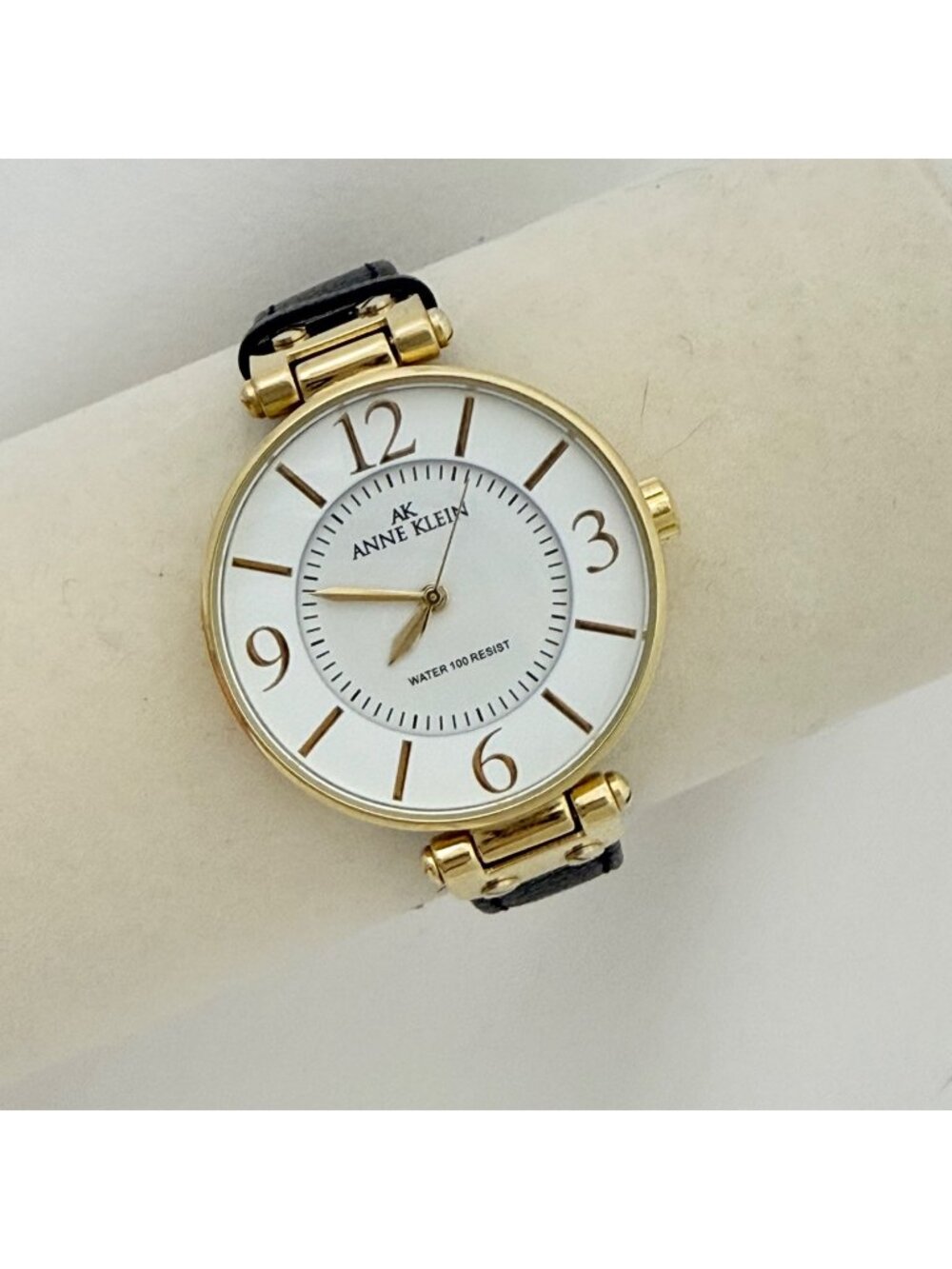 Anne Klein Womens Wristwatch with Black Leather Strap New Battery